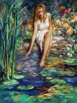 Chica de agua fría en el jardín Pinturas al óleo
